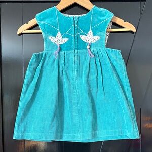VintageTeal Corduroy Baby Pinafore Dress with Bird Embroidery sz 2/3